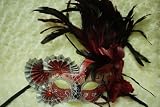 Venetian Styled Red Mask w/ Silver Pattern Fans Decor and Feather on Top Side