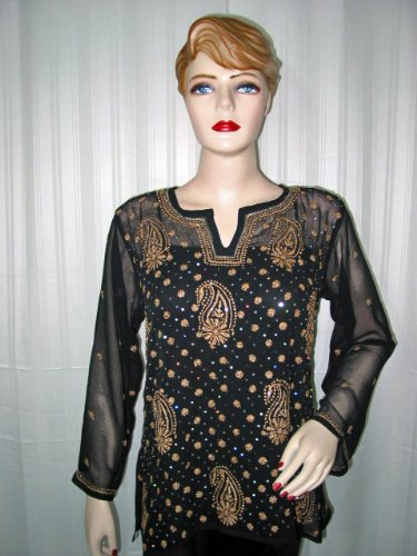 Georgette Womens Clothing Kurti Long Sleeve Hand Embroidered Tunic Top L