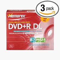 Click here to buy DVD+R Dual Layer Media, 8.5GB 240 Min Capacity, 2.4X Write Speed, 3 Pack MEM32025648 by Memorex.