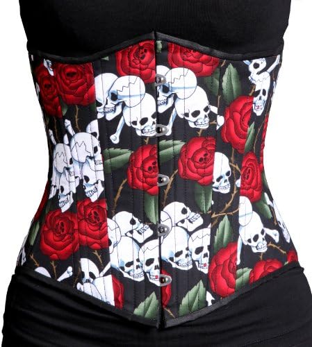 Timeless Trends Black Red Rose &amp; White Skull Steel Boned Tightlacing Underbust Corset 28 Black / Red / White And Storage Bag
