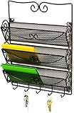 DecoBros Wall Mount 3 Tier Letter Rack Organizer w/ Key Holder, Bronze