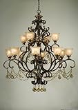 Golden Teak Strass Crystal Draped on a Wrought Iron Chandelier Handpainted with a Amber Glass Pattern