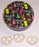 Scott's Cakes 1 lb. White Chocolate Covered Pretzel in a Celebrate Tin