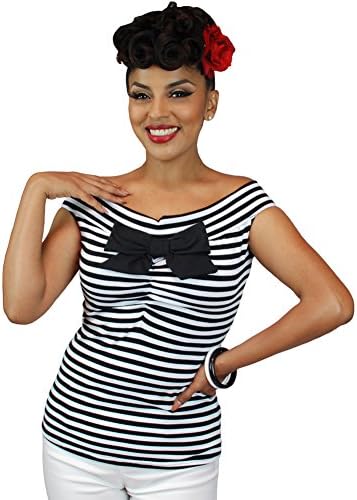 Women's Pinky Pinups Striped Off The Shoulder Sleeveless Top Black/White 2XL