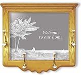 IMAGE OF Oak Wall Coat Rack With Tropical Palm Tree Etched Mirror - Tropical Palm Tree Decor - Unique Tropical Palm Tree Gift Ideas - Fully Assembled - 26'' w x 22'' h