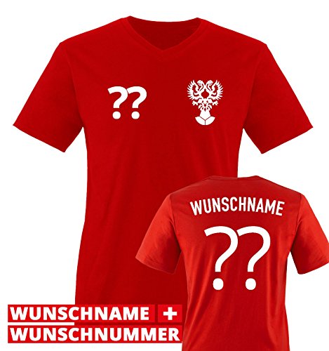 TRIKOT – RUS – WUNSCHDRUCK – Herren V-Neck T-Shirt – Rot / Weiss Gr. XL