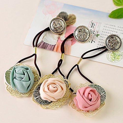 FUMUD 3pcs Rose Flower Hair with Big Metal Ring Hair Band Hair Circle for Girl women Hair Accessories Hair Rope