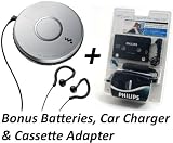 Sony DEJ011 Portable Skip-Free CD Player Walkman with Clip Style Earbud Headphones, LCD Display, Digital Mega Bass Sound, Automatic Volume Limiter System & CD-R/RW Playback - Silver - with ** BONUS ** Philips Car Charger, Tape Cassette Adapter & Batteries