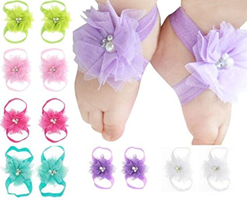 Qandsweet Baby Girl s Barefoots Sandals Flower (10pack) (10 Pairs Chiffon)