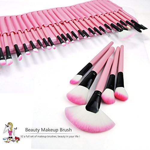 32 Pcs Professional Cosmetics Makeup Set Powder Foundation Eyeshadow Eyeliner Lip Cosmetic Brushes by CrazySounds (Pink)