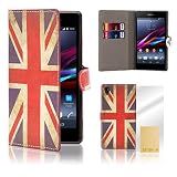 32nd® Designer book wallet PU leather case cover for Sony Xperia Z1 (L39H) + screen protector and cloth - Union Jack UK Flag