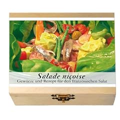 SALADE NICOISE Gew�rz - Kasten f�r leichten Genuss. 8 Gew�rze befinden sich in einer dekorativen Holzkiste. -- Beinhaltet die Geschichte des Gerichtes, eine Inhaltsbeschreibung der Gew�rze, das Originalrezept und eine Einkaufliste. Ein ideales Geschenk f�r Kochk�nstler & Hobbyk�che, solche, die es werden wollen und alle, die neugierig auf fremde Welten sind. Ma�e: 11,4 x 9,5 cm, 3,4 cm hoch