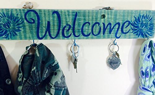 Made to order -Reclaimed pallet wood welcome sign stenciled birchwood 5 hooks/ key holder / hat rack wall decor entryway decor wall hanger