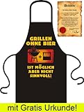 Beliebte Koch/Grill Schürze Apron + gratis URKUNDE für Hobbyköche mit genialem Motiv: Grillen ohne Bier Farbe schwarz