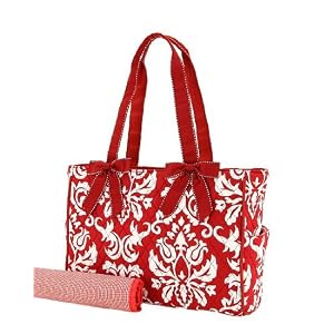 Quilted Damask Red Print Diaper Tote and Changing Pad