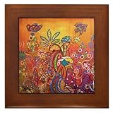 Enchanted Garden Four Birds :: Whimsical Folk Art :: Framed Ceramic Tile By Kristen Stein