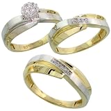 10k Gold 3-Piece Trio His (7mm) & Hers (6mm) Diamond Wedding Band Set w/ Rhodium Accent, w/ 0.10 Carat Brilliant Cut Diamonds; (Ladies Size 5 to10; Men's Size 8 to 14)