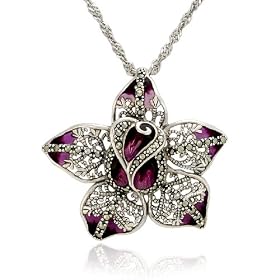 Sterling Silver Marcasite and Violet Enamel Flower Pendant, 18 by