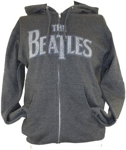 The Beatles Mens Hoodie Sweatshirt - Band Name Logo on Distressed Gray (Large)