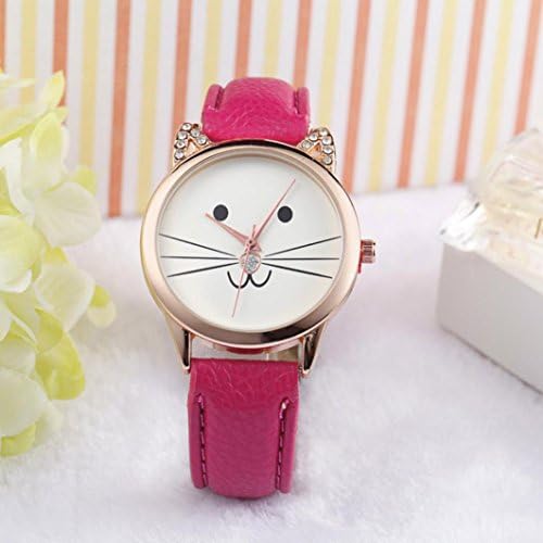 Omita® Fashion Women Diamond Lovely Cats Face Faux Leather Quartz Watch (Hot Pink)