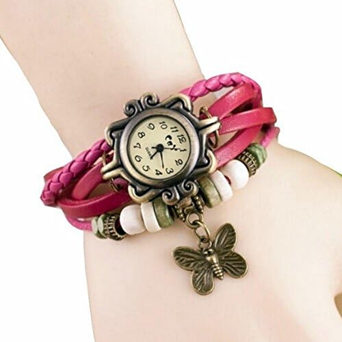 New Women Vintage Fashion Butterfly Bracelet Faux Leather Quartz Wrist Watch RED