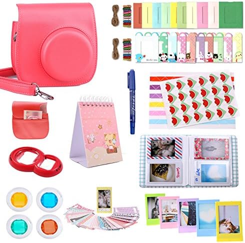 12 in 1 Fujifilm Instax Mini 8 Instant Film Camera Case Accessories - WISAGI Mini 8 Case/Album/Selfie Lens/Colorful Filters/Wall Hang Frames/Film Frames/Border Stickers/Corner Stickers/Pen,Raspberry