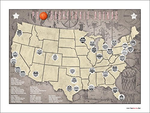 Benthar Dunthat Pro Basketball Stadiums Arenas Teams Print-Only Tracking Map, 24x18