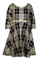 Girls 3/4 Sleeves Long Sleeves Polyester/Satin/Spandex Belted  Plaid Print Scoop Neck  Dress With a Bow(s) and a Ribbon 