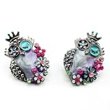 DaisyJewel Earrings Glossy Gunmetal & Lilac Springtime Steampunk Flower Bouquet of Owls in Full Bloom - Skin-Safe - Betsey Johnson Style Inspired - Pearlized Cool Spring & Summer Colors Compliment Each Other in Swirly Enamel and Crystal Encrusted Flowers - SHIPS FROM USA IN 1 DAY
