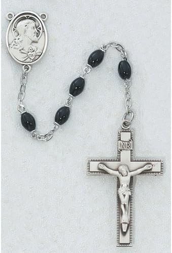 Men's Black Catholic Rosary Beads - This Masculine Rosary has 4x6mm Oval Black Glass Beads with a New England Pewter Crucifix and a New England Pewter Sacred Heart of Jesus Centerpiece. The Rosary Comes Packaged in an Elegant Deluxe Gift Box.