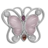 Sterling Silver Rose Quartz, Ruby, Garnet and Rainbow Moonstone Butterfly Pin-Pendant by Sajen