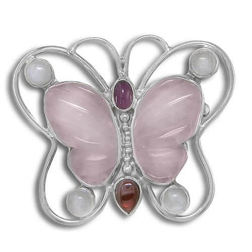 Sterling Silver Rose Quartz, Ruby, Garnet and Rainbow Moonstone Butterfly Pin-Pendant by Sajen