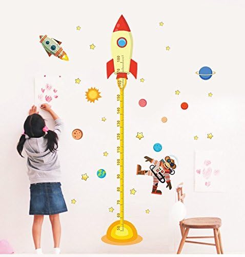 Solar System Rocket Height Measure Chart Wall Stickers For Kids Rooms Outer Space Sky Rocket Wall Decals Astronaut Monkey Poster