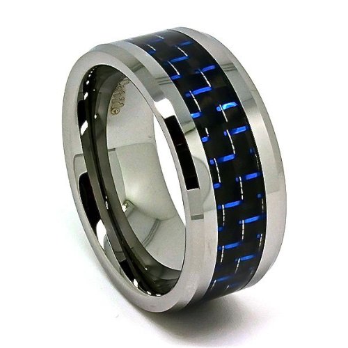 Blue Chip Unlimited -Extra Wide 10mm Designer Tungsten Carbide Black and Blue Carbon Fiber Men's Unique Wedding Rings Engagement Bands Size (9.5)