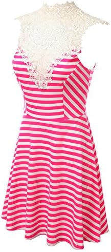 J.TOMSON Womens Sleeveless Striped Midi Dress With Tie Neck & Crochet Detail PINK LARGE
