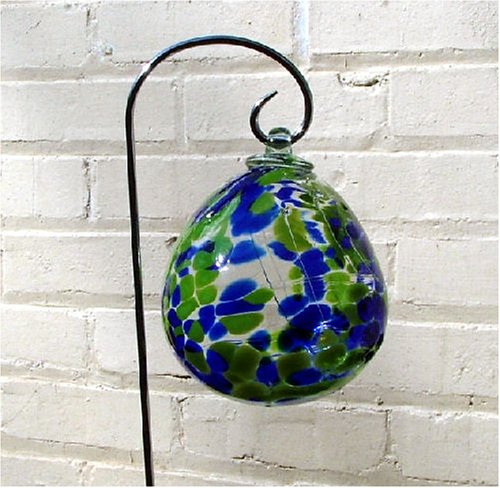 Cobalt Blue and Lime Green Hand-blown Glass Sun Catcher Gazing Globe with Shepherds Hook Hook (6 inch)