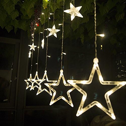 Ambermars 138 LED 8.2ft Star Window Curtain Icicle String Lights(6 Small 6 Big), Power Operated Ac 110v for Outdoor, Holiday, Birthday Party, Christmas Ornaments Decorations, Waterproof(warm White)
