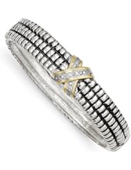 Genuine Sterling Silver & 14K 1 /1 5 Ct.Diamond Bangle Bracelet 29.1 Grams Of Gold