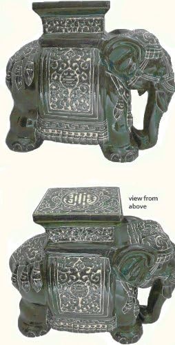 Elephant Garden Stool - Hand Painted Green Ceramic - Can be used Indoors or Outdoors - 18" H