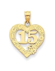 14k Yellow Gold Sweet 15 in Quince Anos Heart Frame Pendant. Metal Wt- 1.03g