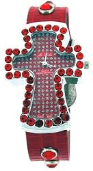 Crucifix Case Red Jewel Christian Ladies Red Leather Band with Decorated Metal Buckle Wrist Watch