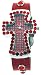 Crucifix Case Red Jewel Christian Ladies Red Leather Band with Decorated Metal Buckle Wrist Watch