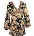 All Products : Ash & Sara, Long Sleeve, Floral Printed, V-Neck Collar Cotton Tunic, Subtly Printed with Gemstone Highlights, Multi-Colored on a Black Body