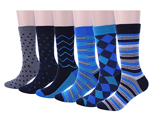 Mens Blue Dress Crew Socks, 6 Pair Funky Argyle Socks with Stripe Patterned Designs
