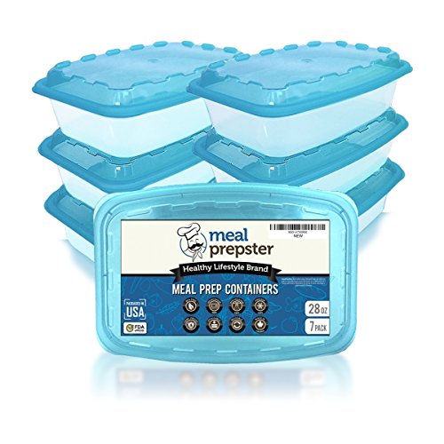 Meal Prepster 1-Compartment Food Prep Containers - FDA Approved √ - Reusable, Microwavable, BPA-Free Food Storage Container Sets (28 OZ) (7-pack, Clear / Blue Lid)