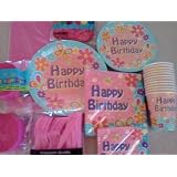 Girls Pink & Blue Birthday Party Package ~ Flowers & Butterflies Design (Kylie's Party Theme) ~ Dinner Plates, Dessert Plates, Table Cover, Large and Small Napkins, Cups, Forks, Knives, Spoons, Balloons, and Streamers ~ Serves 12