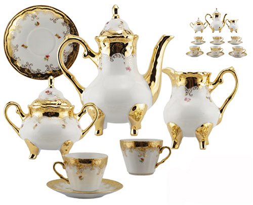 Childrens Toyshop  Kitchen & Housewares : Porcelain Tea Set Gold Filligree On White Porcelain 17 Pcs.