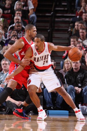 Los Angeles Clippers v Portland Trail Blazers: Eric Gordon and Andre Miller Photographic Poster Print by Sam Forencich, 16x24