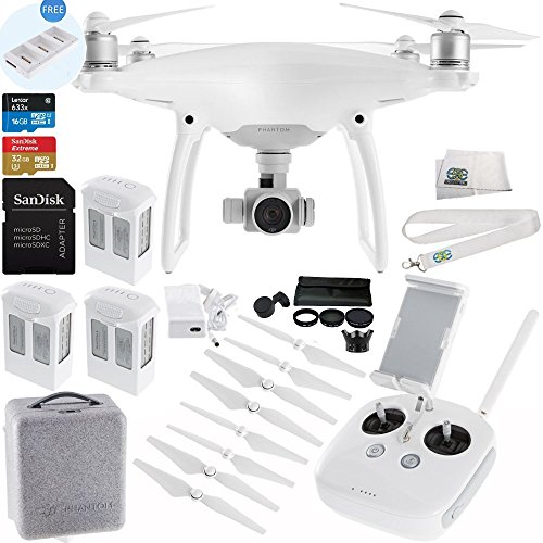 DJI Phantom 4 Quadcopter Drone with Manufacturer Accessories + 2 Extra DJI Intelligent Flight Batteries + SanDisk Extreme 32GB microSDHC Memory Card + 6PC Filter Kit (UV-CPL-ND2-400-Hood-Case) + MORE