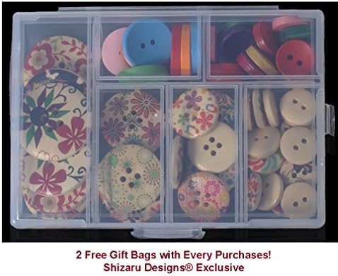 Fabulous Wood Button Selection with Colorful Designs and Varied Sizes - Over 55 Buttons Plus Segmented Button Holder and 2 Free Exclusive Shizaru Designs® Gift Bags